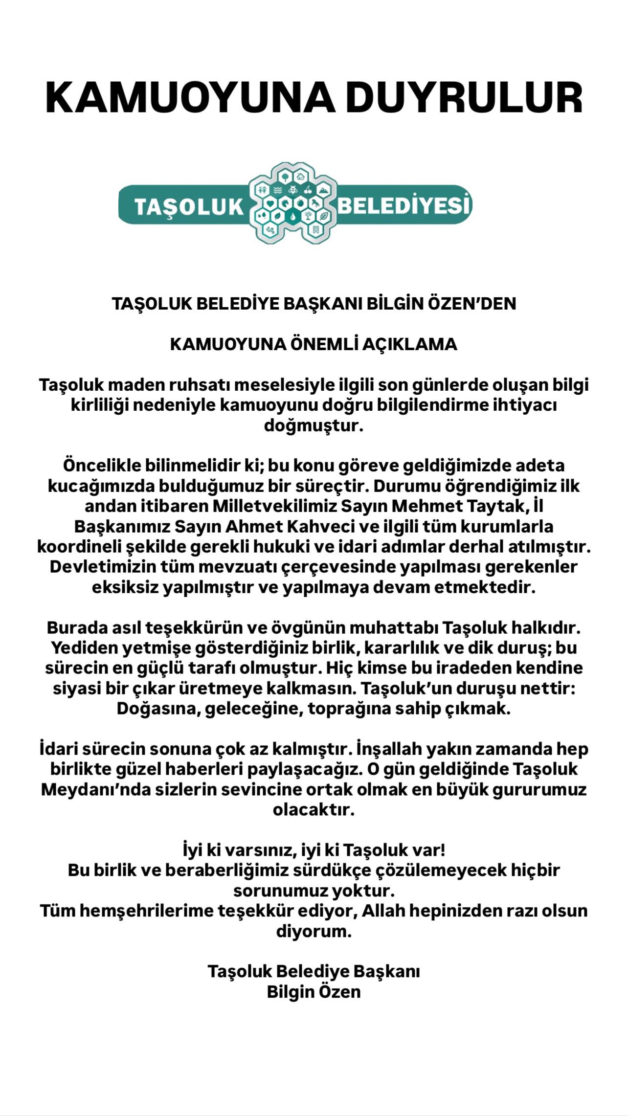 TAŞOLUK BELEDİYESİ’NDEN MADEN RUHSATI KONUSUNDA KAMUOYUNA AÇIKLAMA