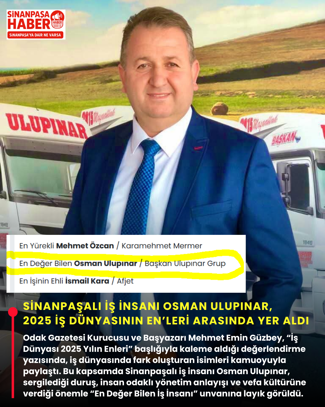 Sinanpaşalı İş İnsanı Osman Ulupınar, 2025 İş Dünyasının En’leri Arasında Yer Aldı