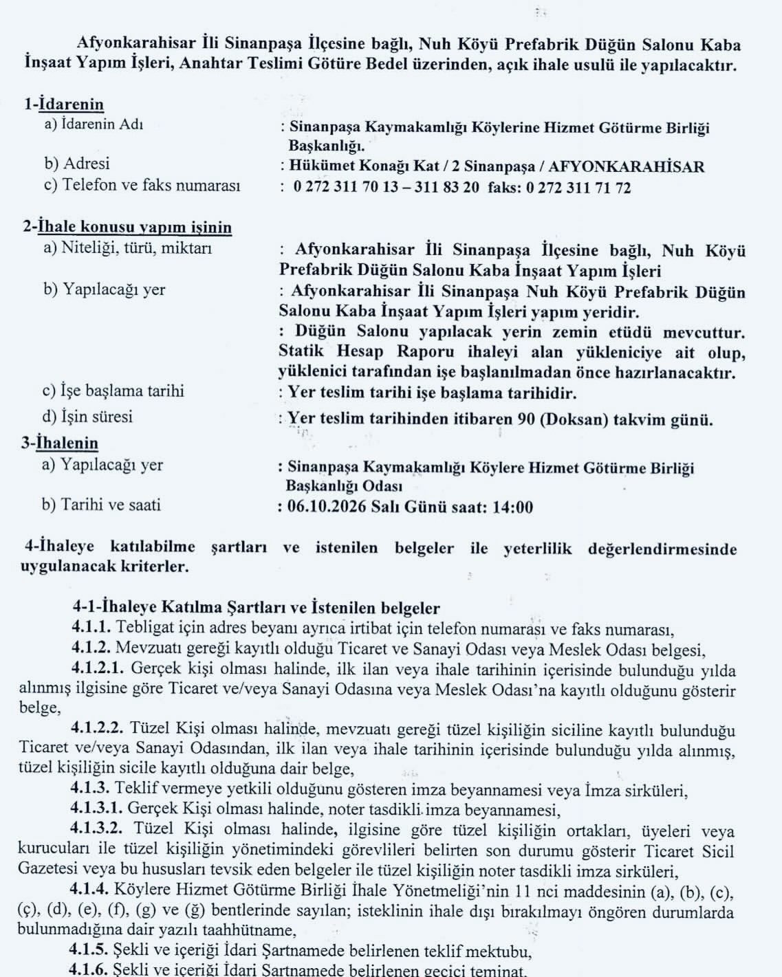 KARADAĞ VE KIVRAK, NUH KÖYÜ’NÜN DÜĞÜN SALONU PROJESİ İÇİN İHALE 6 EKİM’DE
